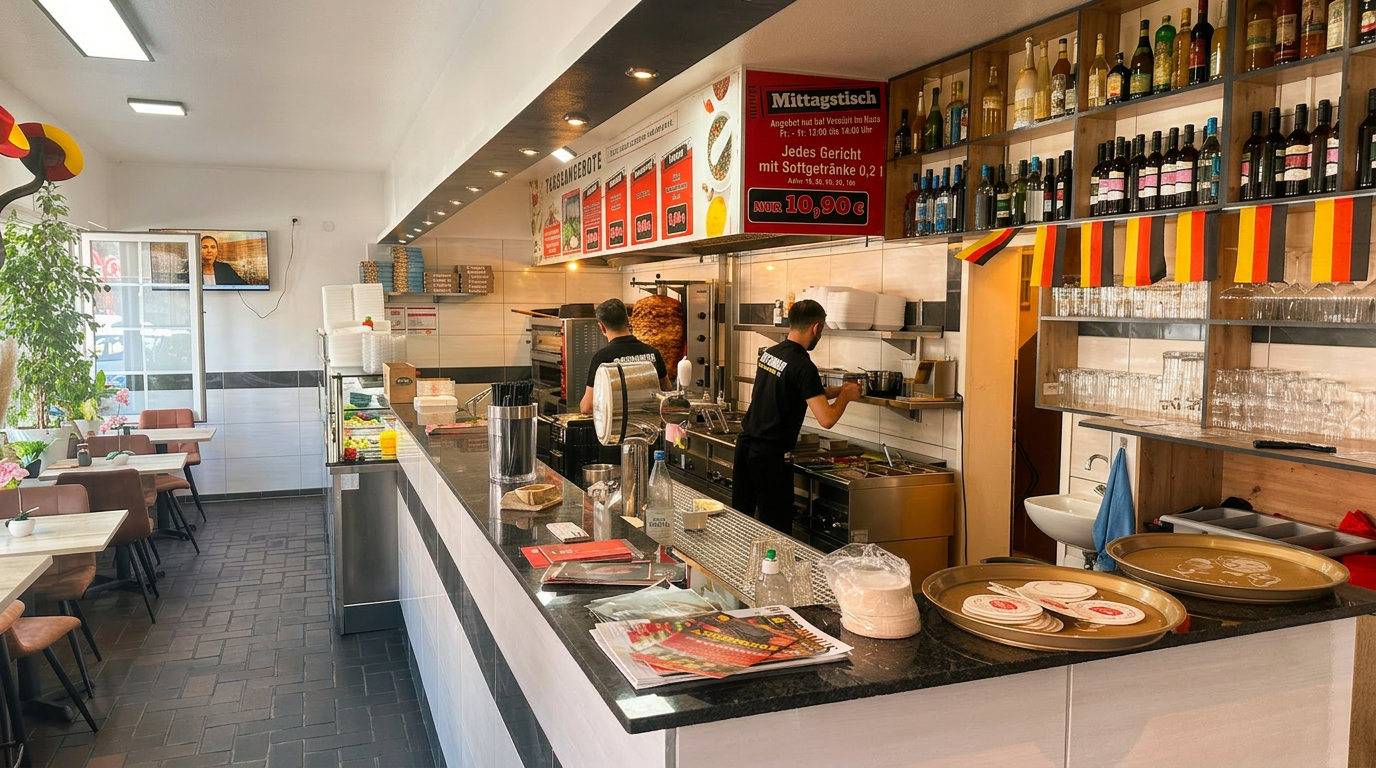 Innenraum von Aspendos in Stolberg mit Theke und Döner-Spieß